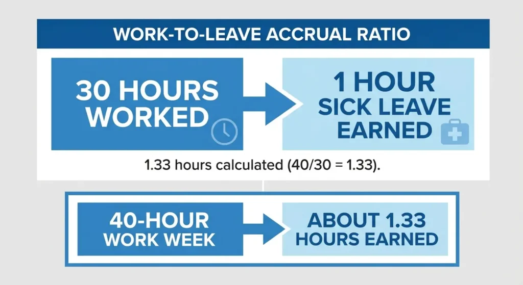 California sick leave accrual rate, one hour earned for every 30 hours worked